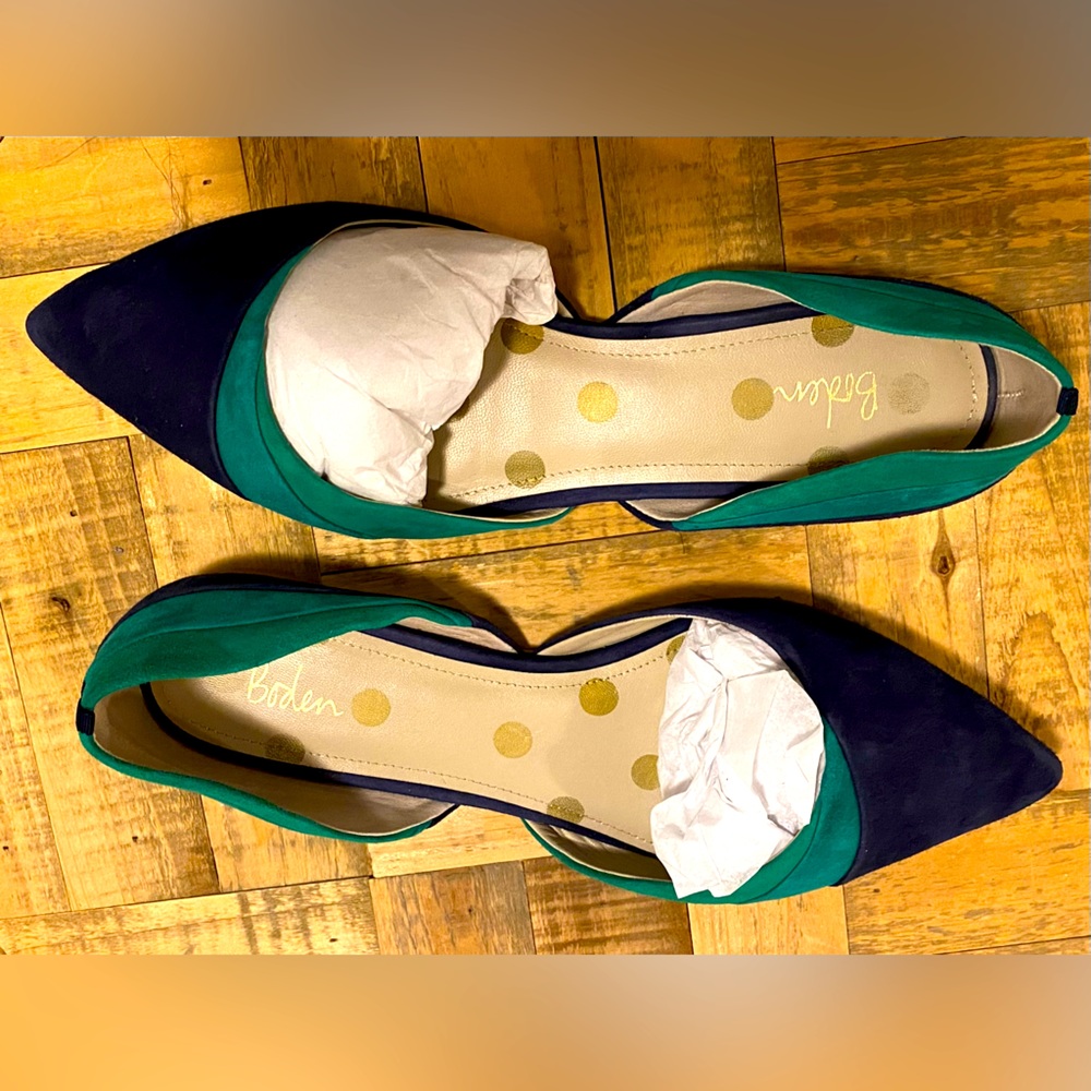 Gently used green and blue suede loafers